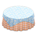 Large covered round table Orange gingham Undercloth Light blue