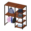 Midsized clothing rack Neutral-tone clothes Displayed clothing Dark wood