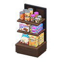 Store shelf Imported foods Displayed items Dark wood