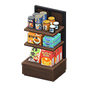 Store shelf Japanese foods Displayed items Dark wood