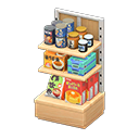 Store shelf Japanese foods Displayed items Light wood