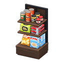 Store shelf Pantry staples Displayed items Dark wood