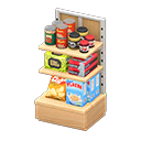 Store shelf Pantry staples Displayed items Light wood