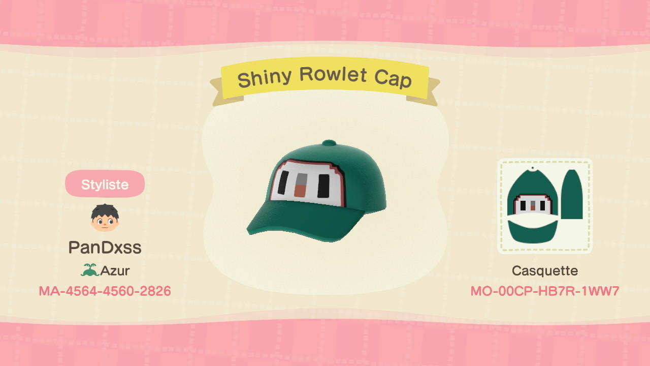 Animal Crossing Design Code: MO-00CP-HB7R-1WW7 Shiny Rowlet Cap