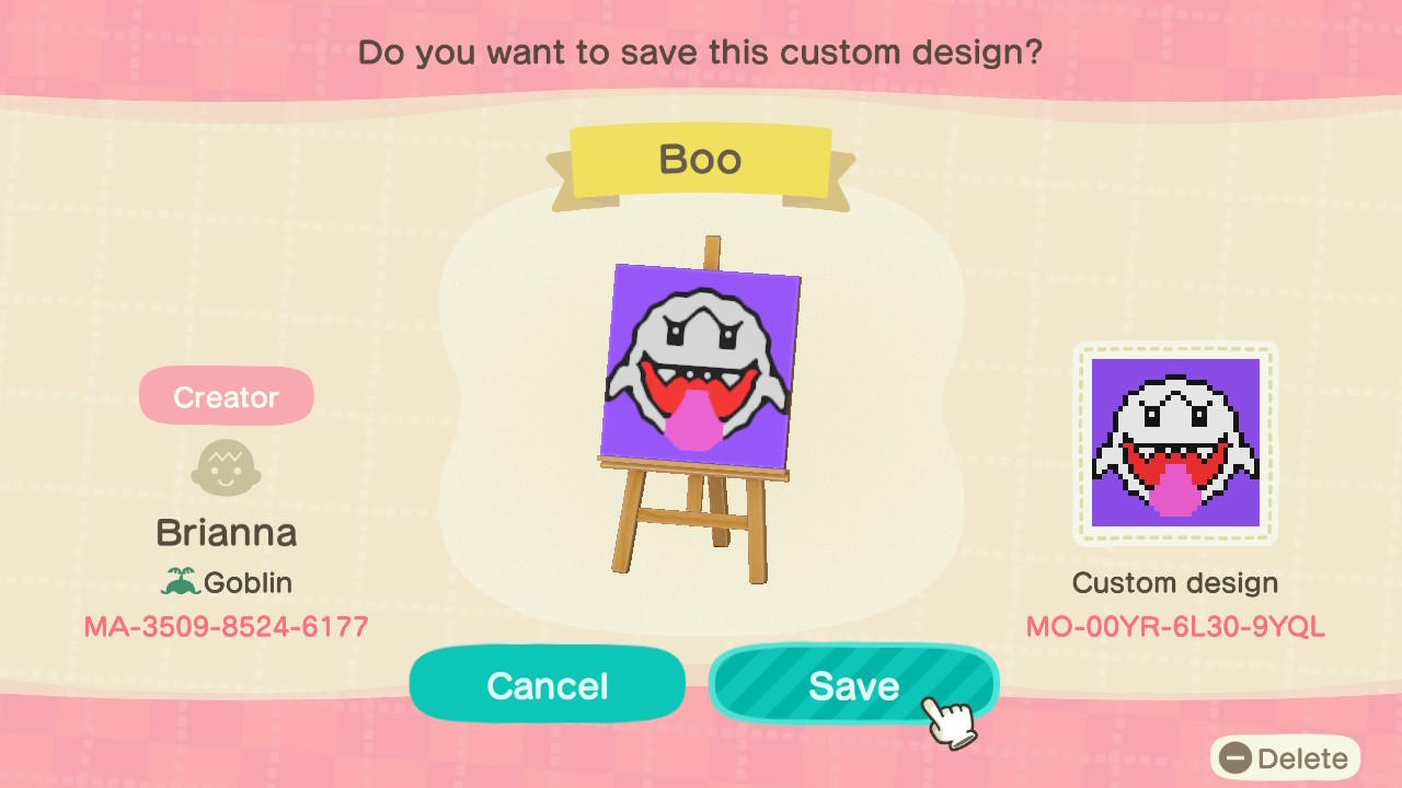 Animal Crossing Design Code: MO-00YR-6L30-9YQL boo