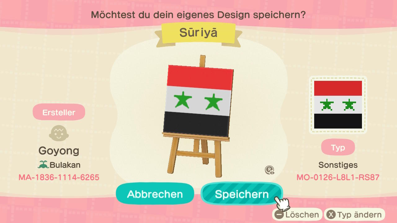 Animal Crossing Design Code: MO-0126-L8L1-RS87 Syria