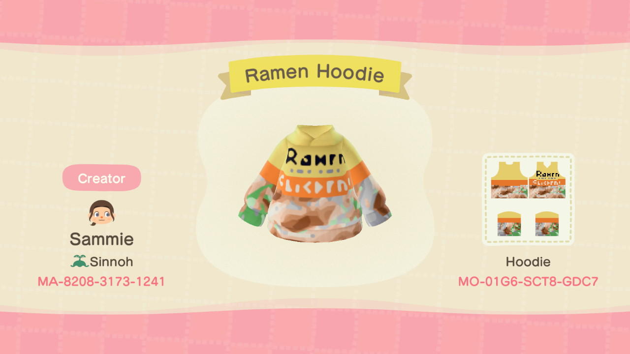 Animal Crossing Design Code: MO-01G6-SCT8-GDC7 Ramen Hoodie