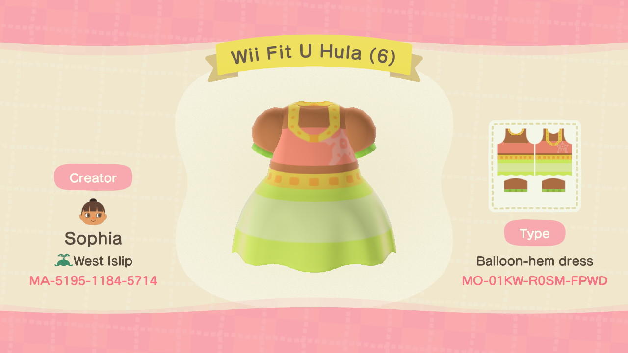 Animal Crossing Design Code: MO-01KW-R0SM-FPWD Wii Fit U Hula