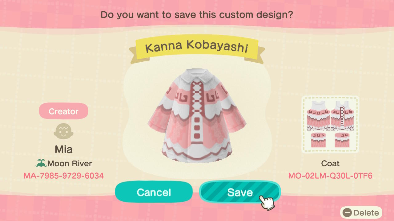 Animal Crossing Design Code: MO-02LM-Q30L-0TF6 Kanna Kobayashi
