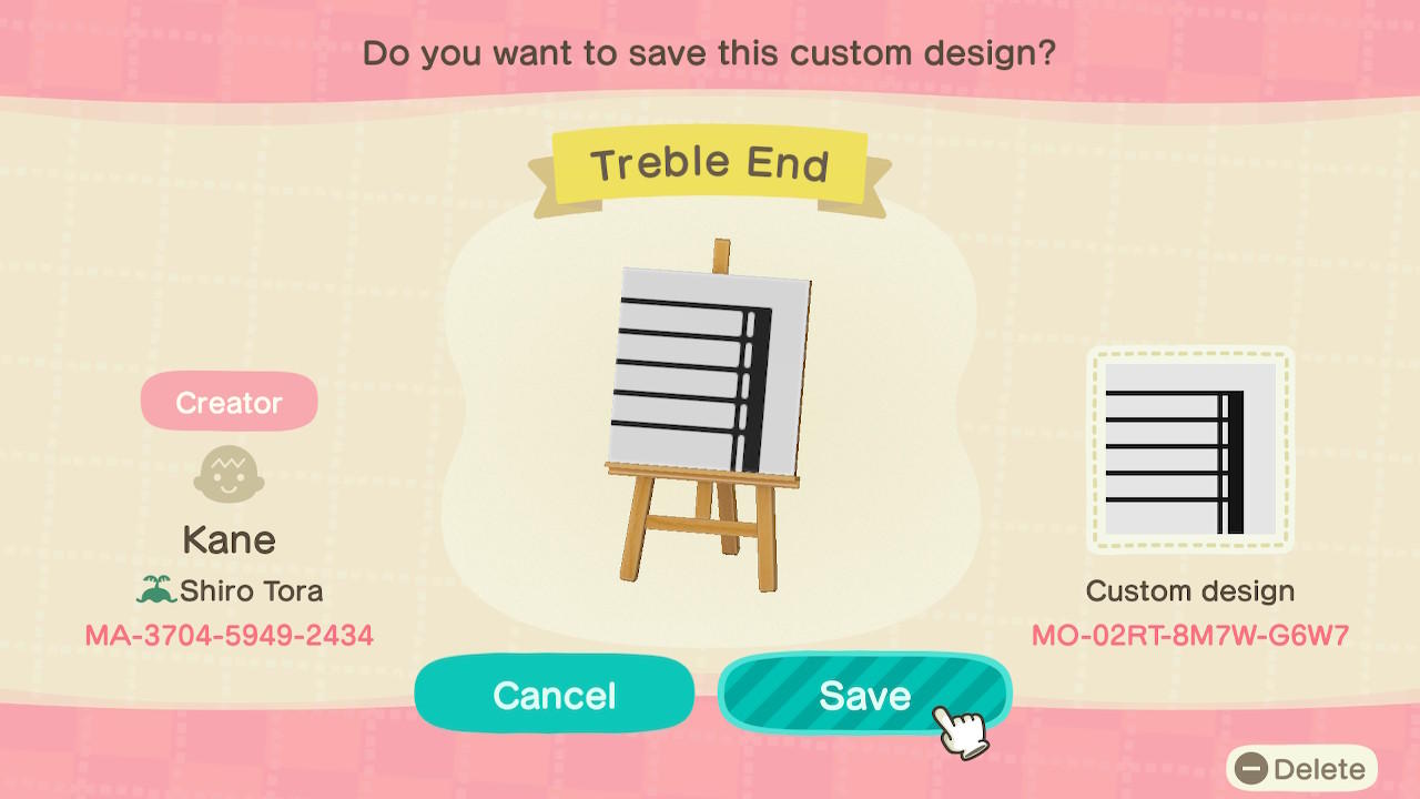 Animal Crossing Design Code: MO-02RT-8M7W-G6W7 Treble End