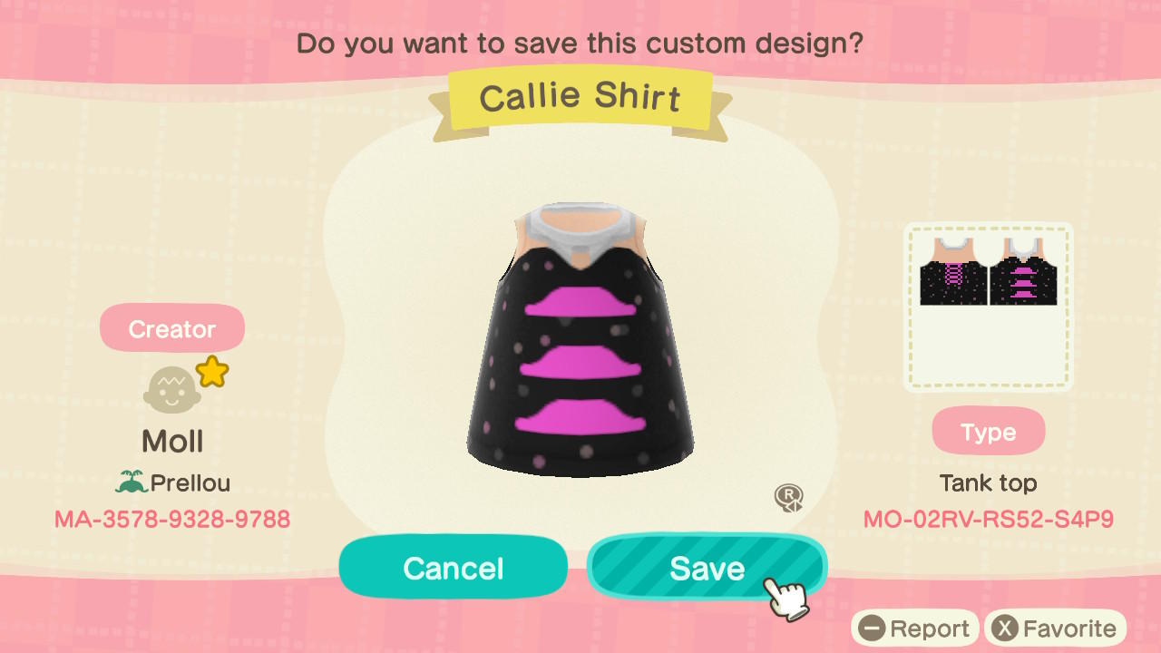 Animal Crossing Design Code: MO-02RV-RS52-S4P9 Callie Fashion Top