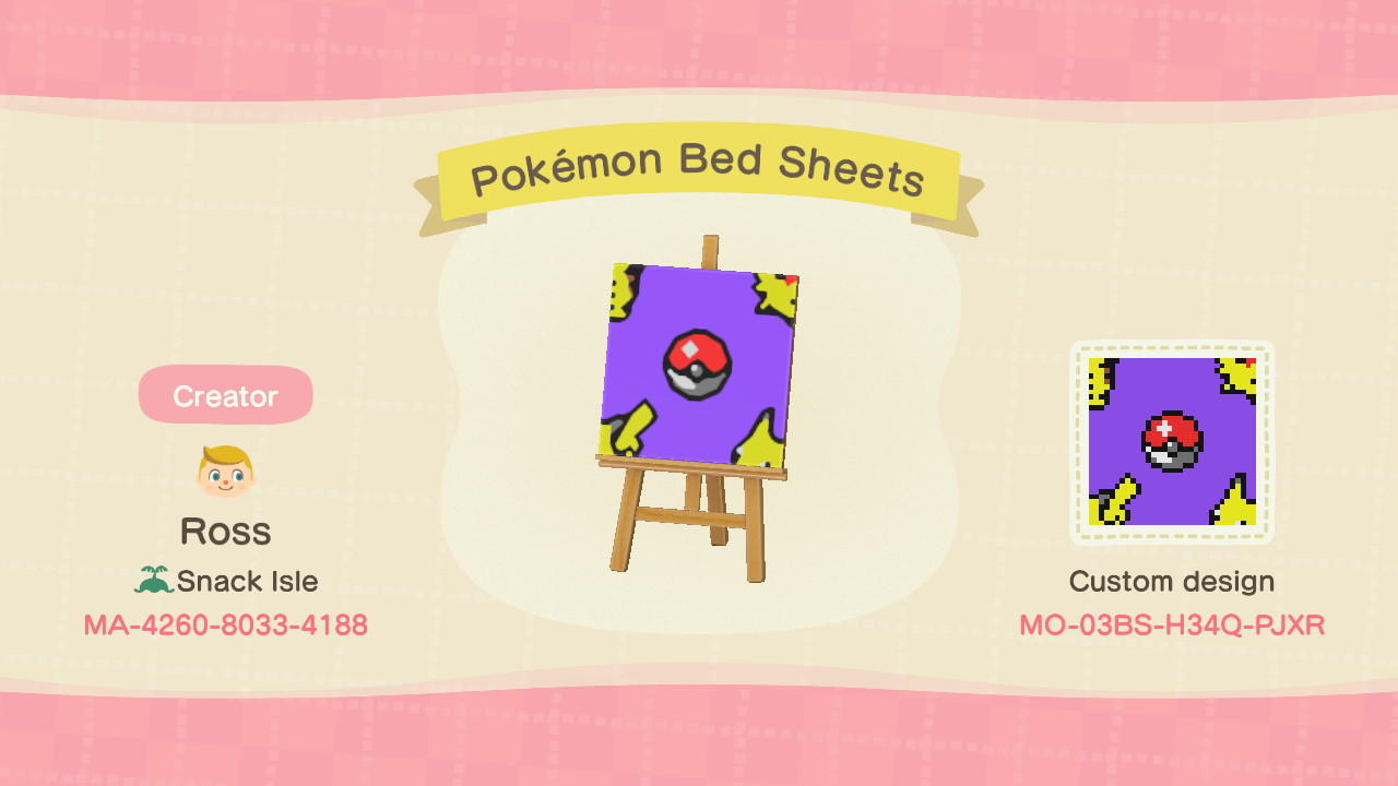 Animal Crossing Design Code: MO-03BS-H34Q-PJXR Pokémon Bed Sheets