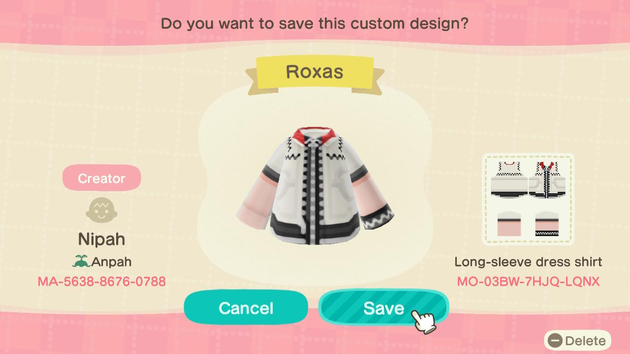 Animal Crossing Design Code: MO-03BW-7HJQ-LQNX Roxas