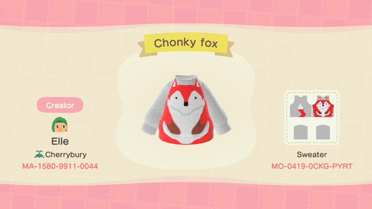 Animal Crossing Design Code: MO-0419-0CKG-PYRT Chonky fox sweater
