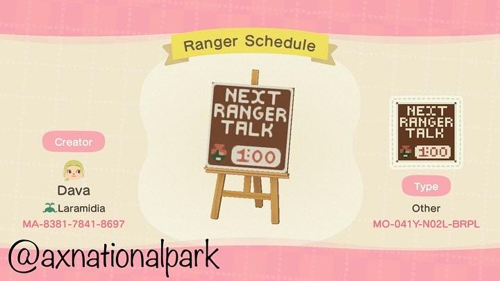 Animal Crossing Design Code: MO-041Y-N02L-BRPL Park Ranger Schedule