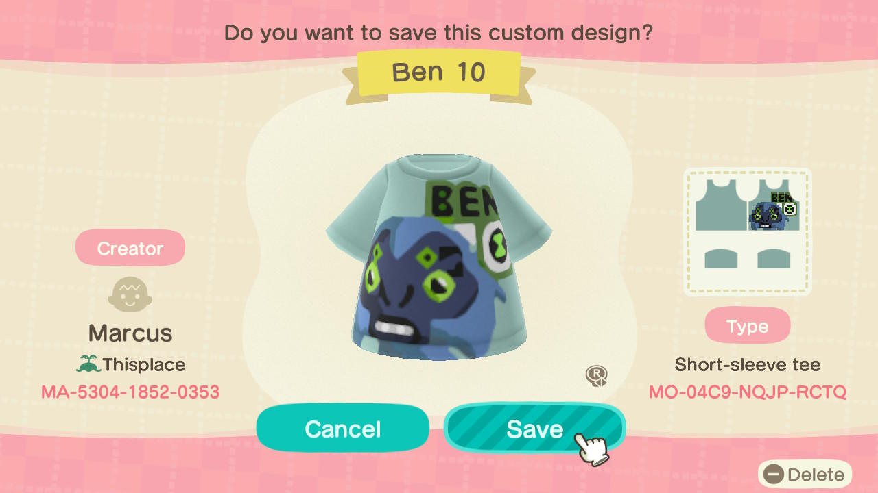 Animal Crossing Design Code: MO-04C9-NQJP-RCTQ Ben 10 Spidermonkey