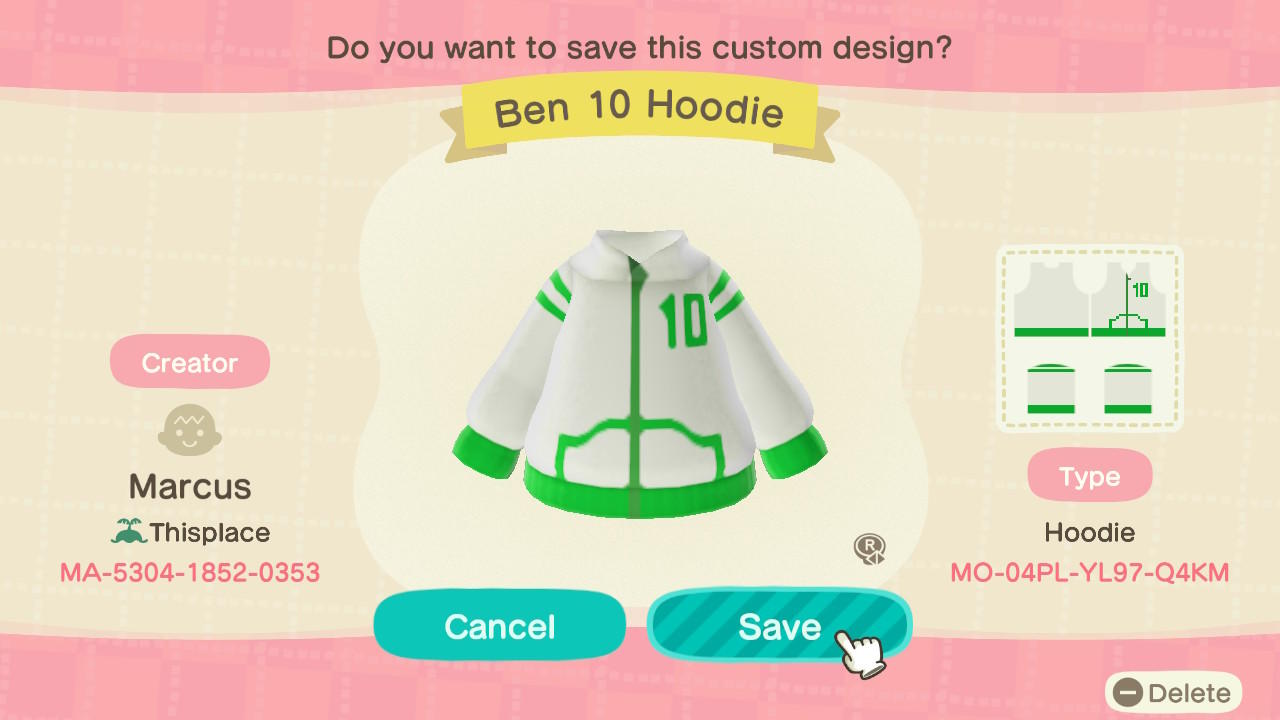 Animal Crossing Design Code: MO-04PL-YL97-Q4KM Ben 10 Hoodie