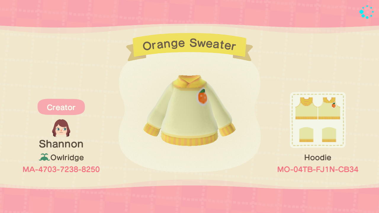 Animal Crossing Design Code: MO-04TB-FJ1N-CB34 Orange Hoodie
