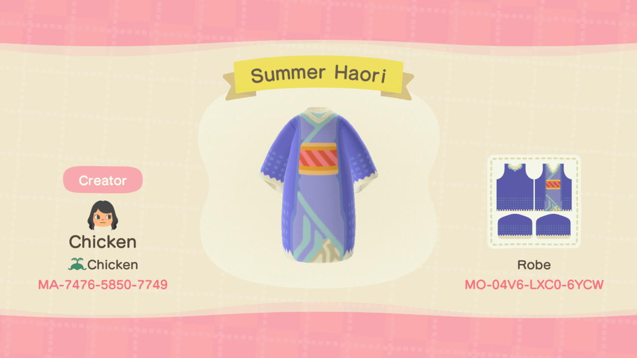 Animal Crossing Design Code: MO-04V6-LXC0-6YCW Summer Haori