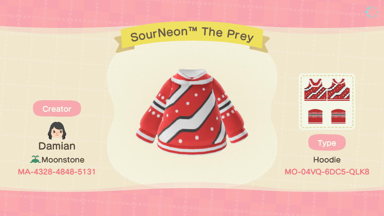 Animal Crossing Design Code: MO-04VQ-6DC5-QLK8 SourNeonTM The Prey