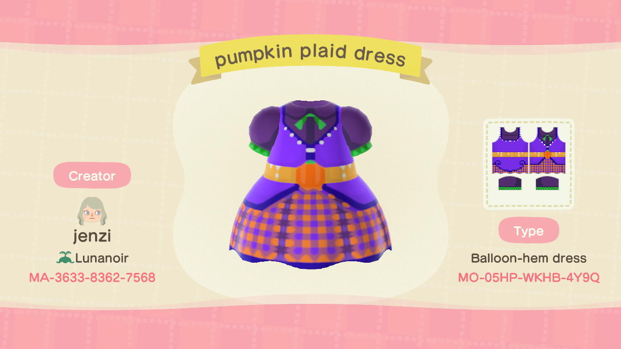 Animal Crossing Design Code: MO-05HP-WKHB-4Y9Q Pumpkin plaid dress