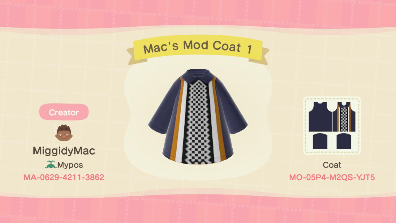 Animal Crossing Design Code: MO-05P4-M2QS-YJT5 Mac’s Mod Coat 1