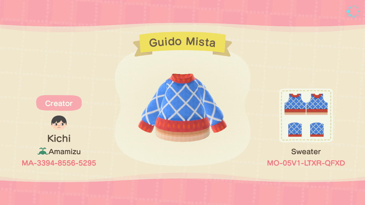 Animal Crossing Design Code: MO-05V1-LTXR-QFXD Guido Mista