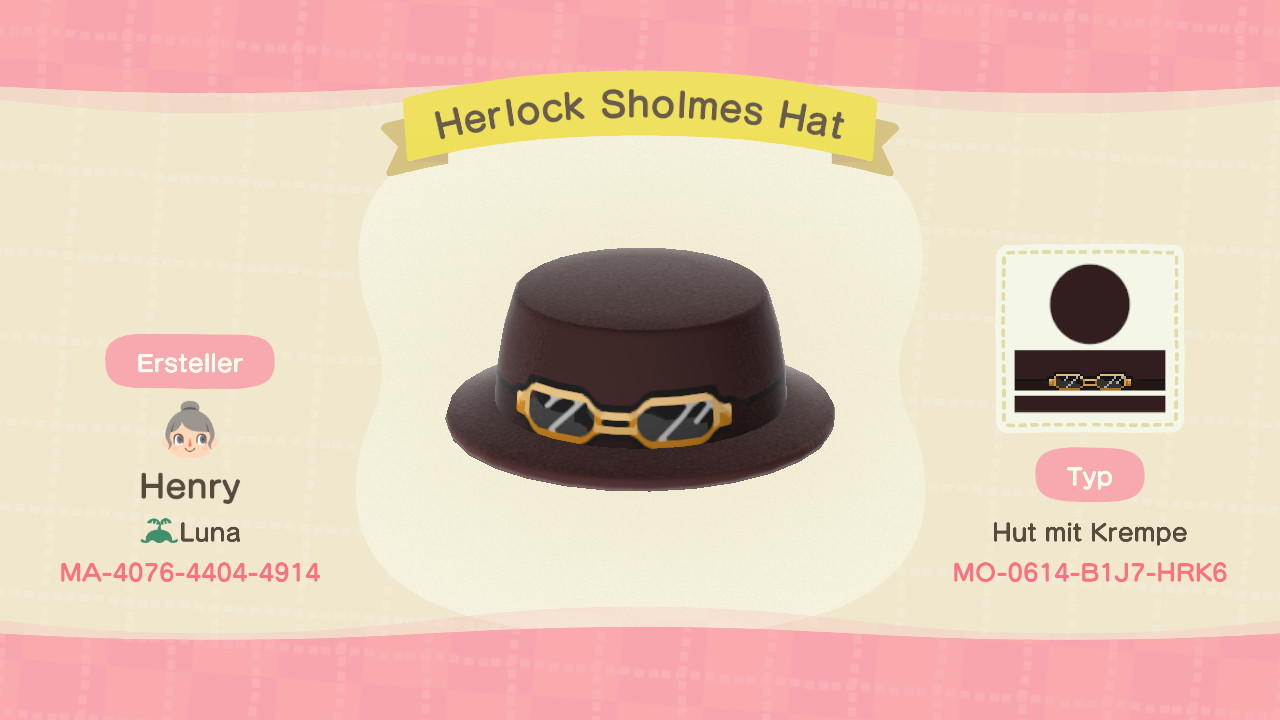 Animal Crossing Design Code: MO-0614-B1J7-HRK6 Herlock Sholmes Hat