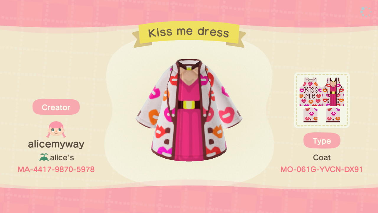 Animal Crossing Design Code: MO-061G-YVCN-DX91 Kiss me dress