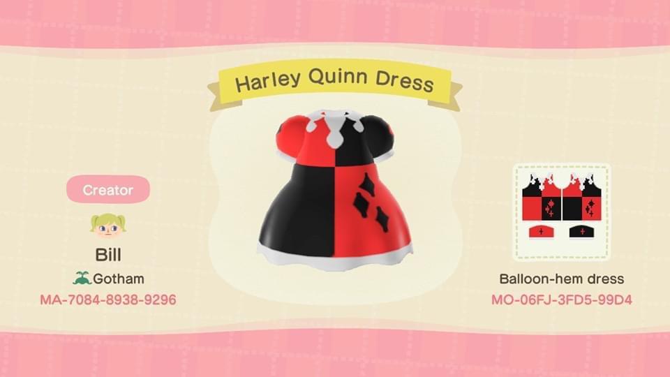 Animal Crossing Design Code: MO-06FJ-3FD5-99D4 Harley Quinn Dress