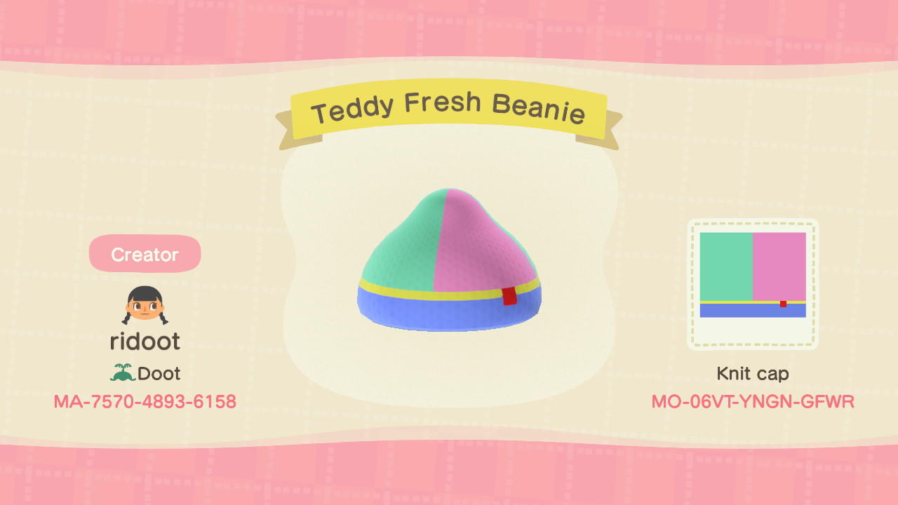 Animal Crossing Design Code: MO-06VT-YNGN-GFWR Teddy Fresh Beanie