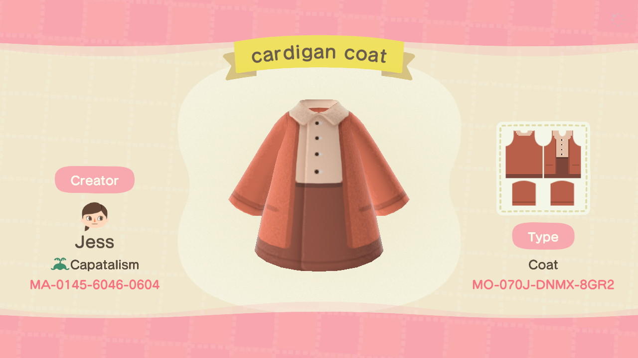 Animal Crossing Design Code: MO-070J-DNMX-8GR2 cardigan coat
