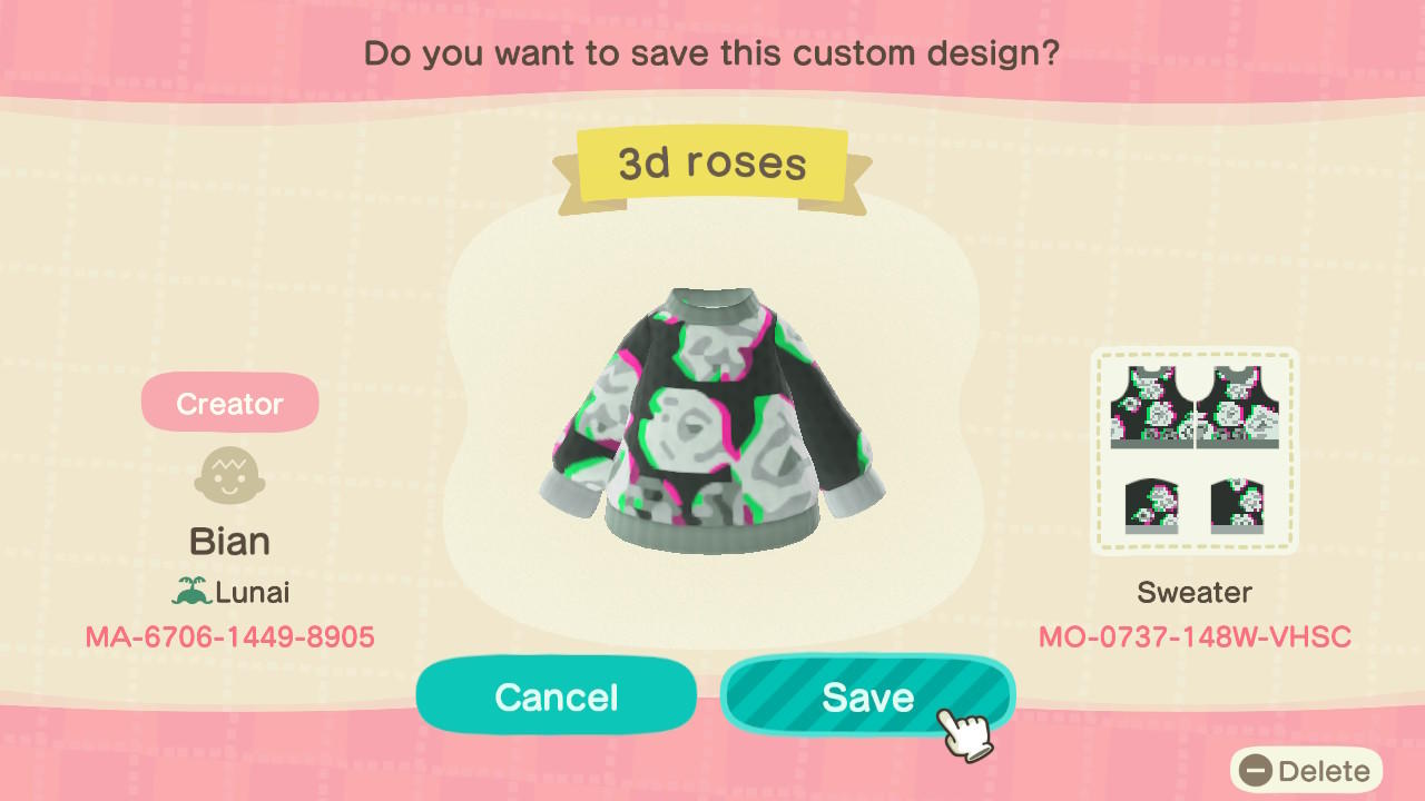 Animal Crossing Design Code: MO-0737-148W-VHSC 3D Roses