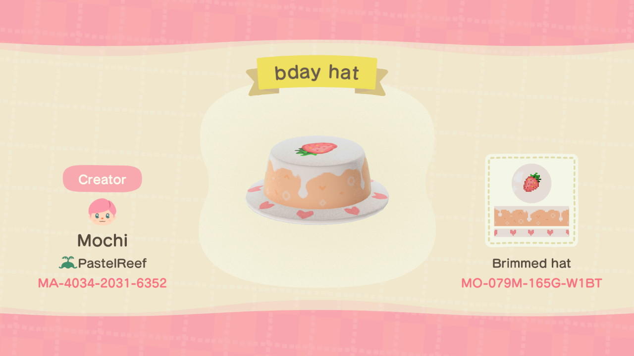 Animal Crossing Design Code: MO-079M-165G-W1BT bday hat