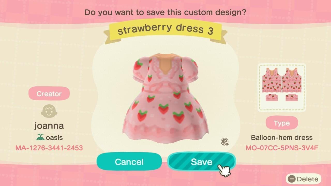 Animal Crossing Design Code: MO-07CC-5PNS-3V4F strawberry dress