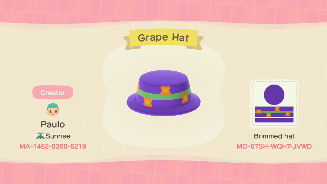 Animal Crossing Design Code: MO-07SH-WQHT-JVWD Grape Hat