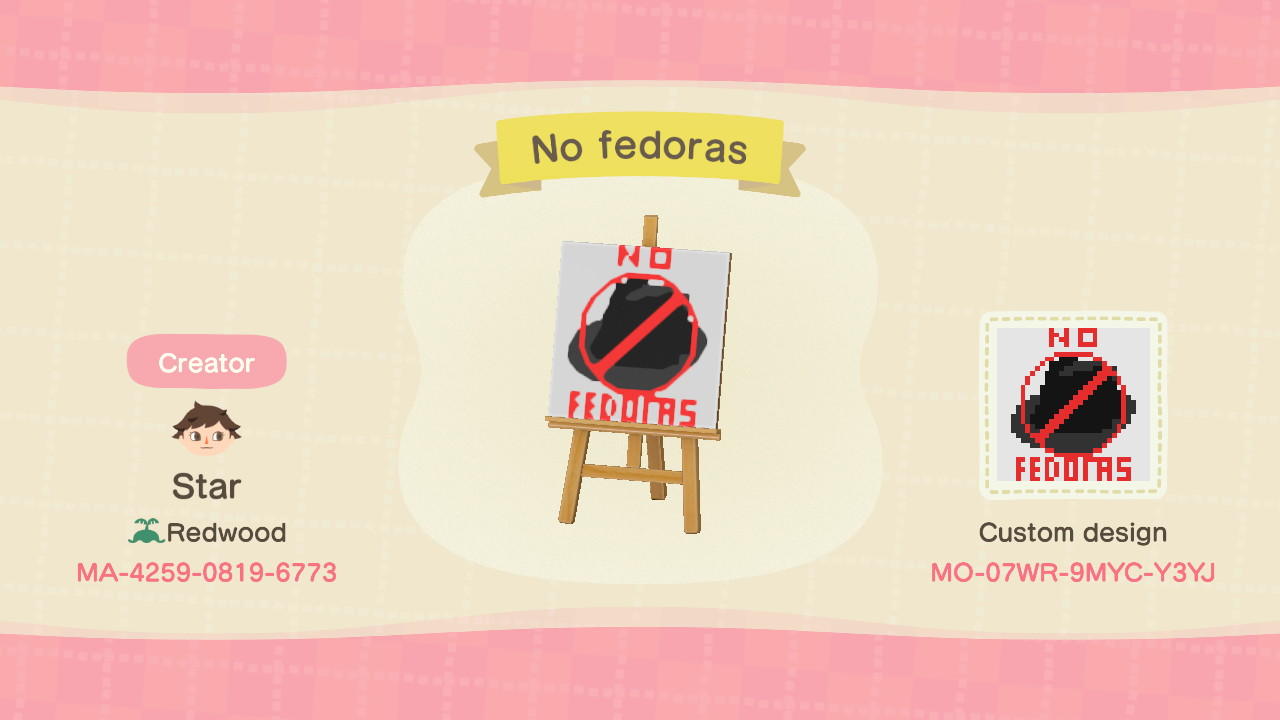 Animal Crossing Design Code: MO-07WR-9MYC-Y3YJ No fedoras