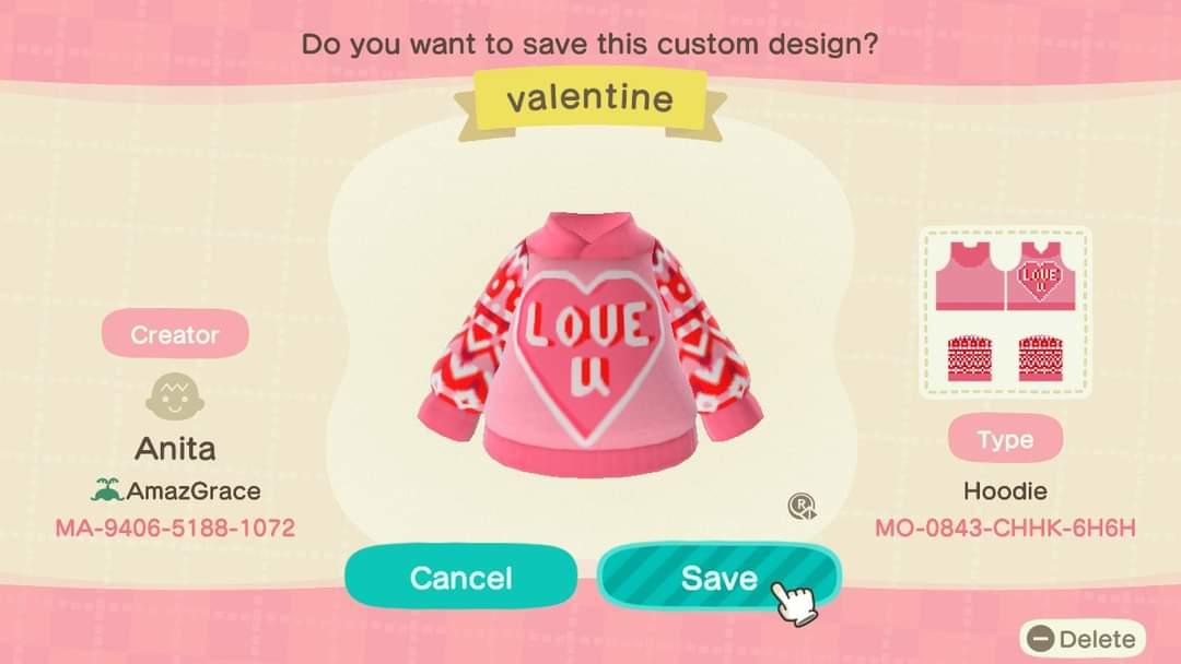 Animal Crossing Design Code: MO-0843-CHHK-6H6H Valentine