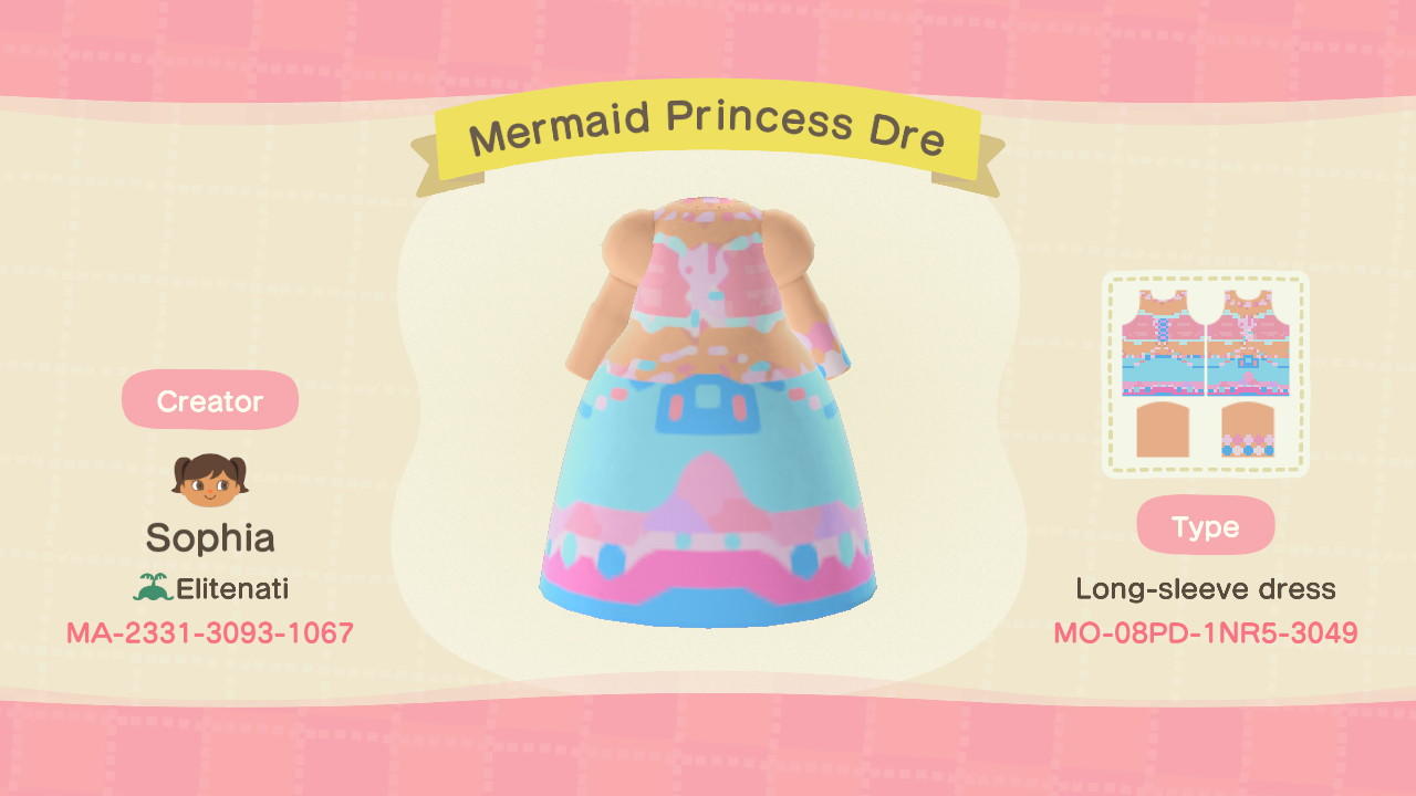 Animal Crossing Design Code: MO-08PD-1NR5-3049 Mermaid Princess Dre