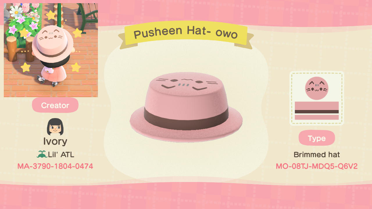 Animal Crossing Design Code: MO-08TJ-MDQ5-Q6V2 Pusheen Hat- owo