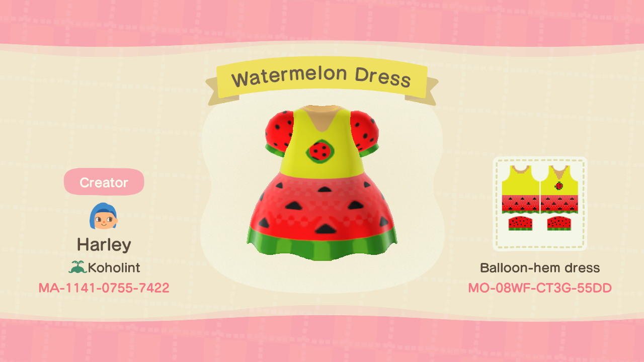 Animal Crossing Design Code: MO-08WF-CT3G-55DD Watermelon Dress