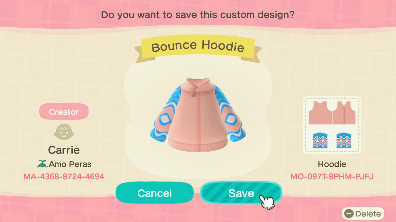 Animal Crossing Design Code: MO-097T-8PHM-PJFJ Bounce Hoodie