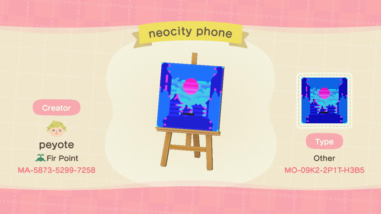 Animal Crossing Design Code: MO-09K2-2P1T-H3B5 neocity phone