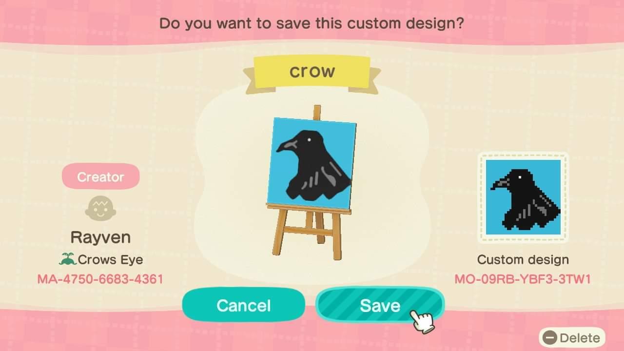 Animal Crossing Design Code: MO-09RB-YBF3-3TW1 Crow