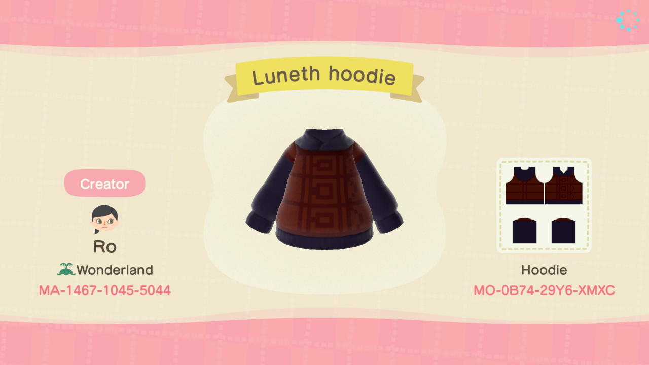 Animal Crossing Design Code: MO-0B74-29Y6-XMXC Luneth hoodie