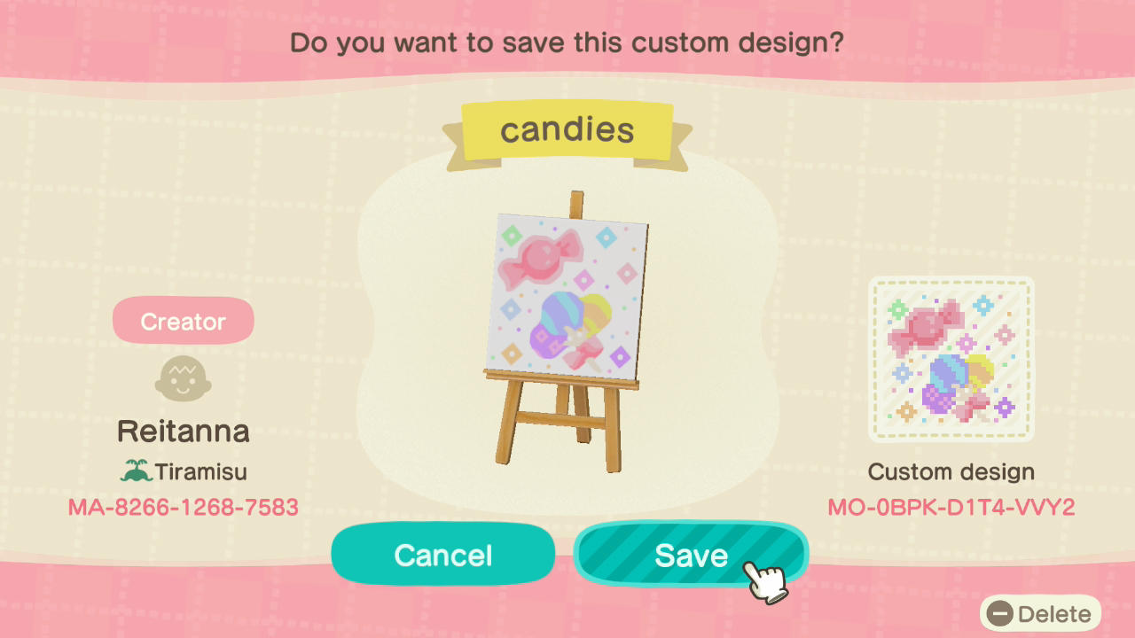 Animal Crossing Design Code: MO-0BPK-D1T4-VVY2 candies