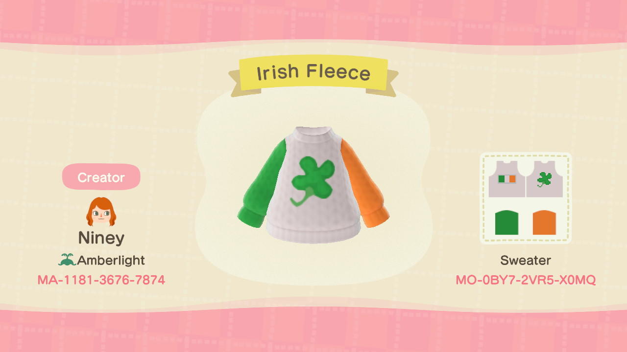 Animal Crossing Design Code: MO-0BY7-2VR5-X0MQ Irish Fleece Sweater