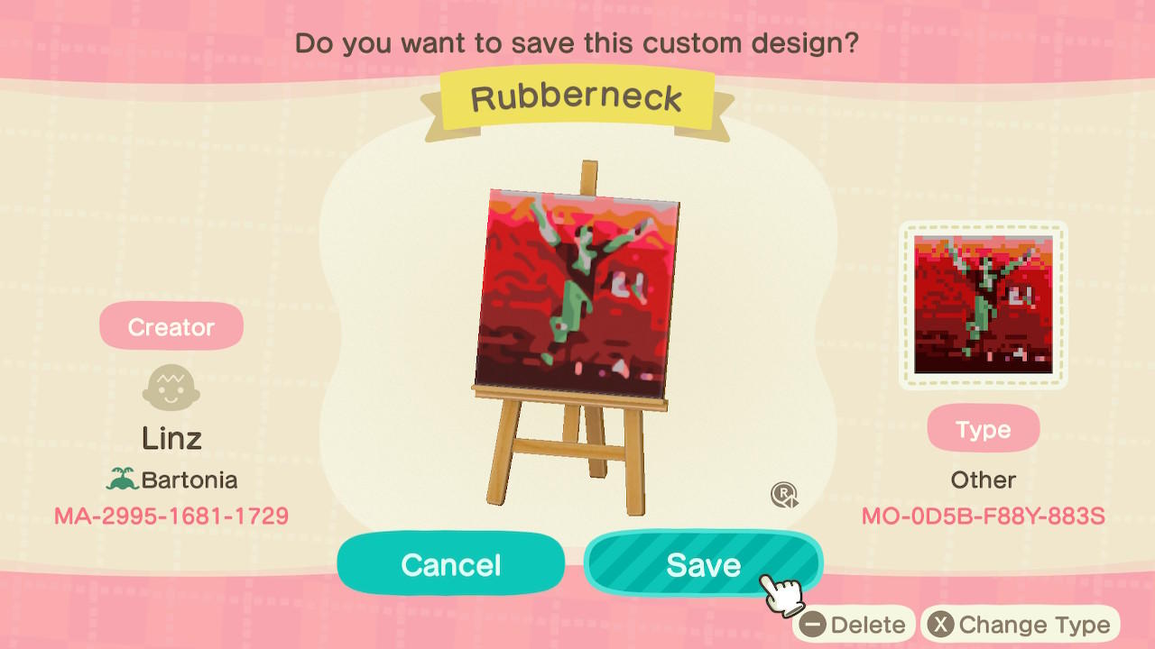 Animal Crossing Design Code: MO-0D5B-F88Y-883S Toadies Rubberneck