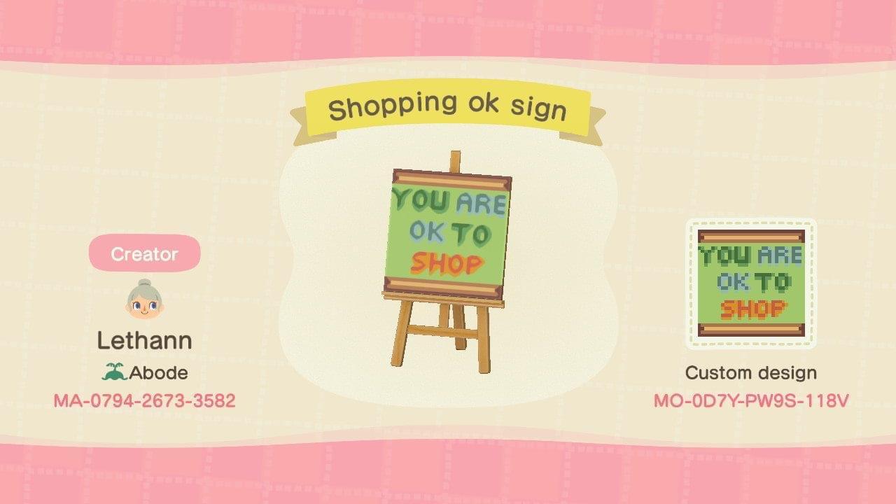 Animal Crossing Design Code: MO-0D7Y-PW9S-118V Shopping ok sign