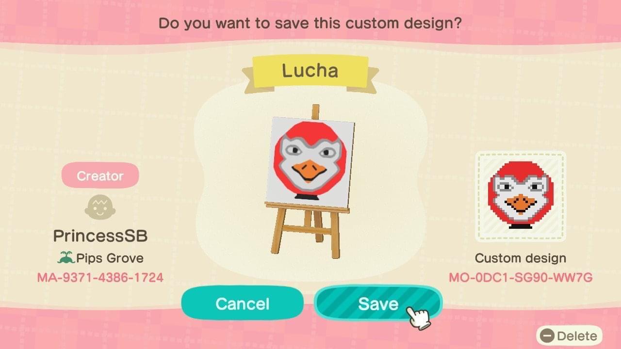 Animal Crossing Design Code: MO-0DC1-SG90-WW7G Lucha